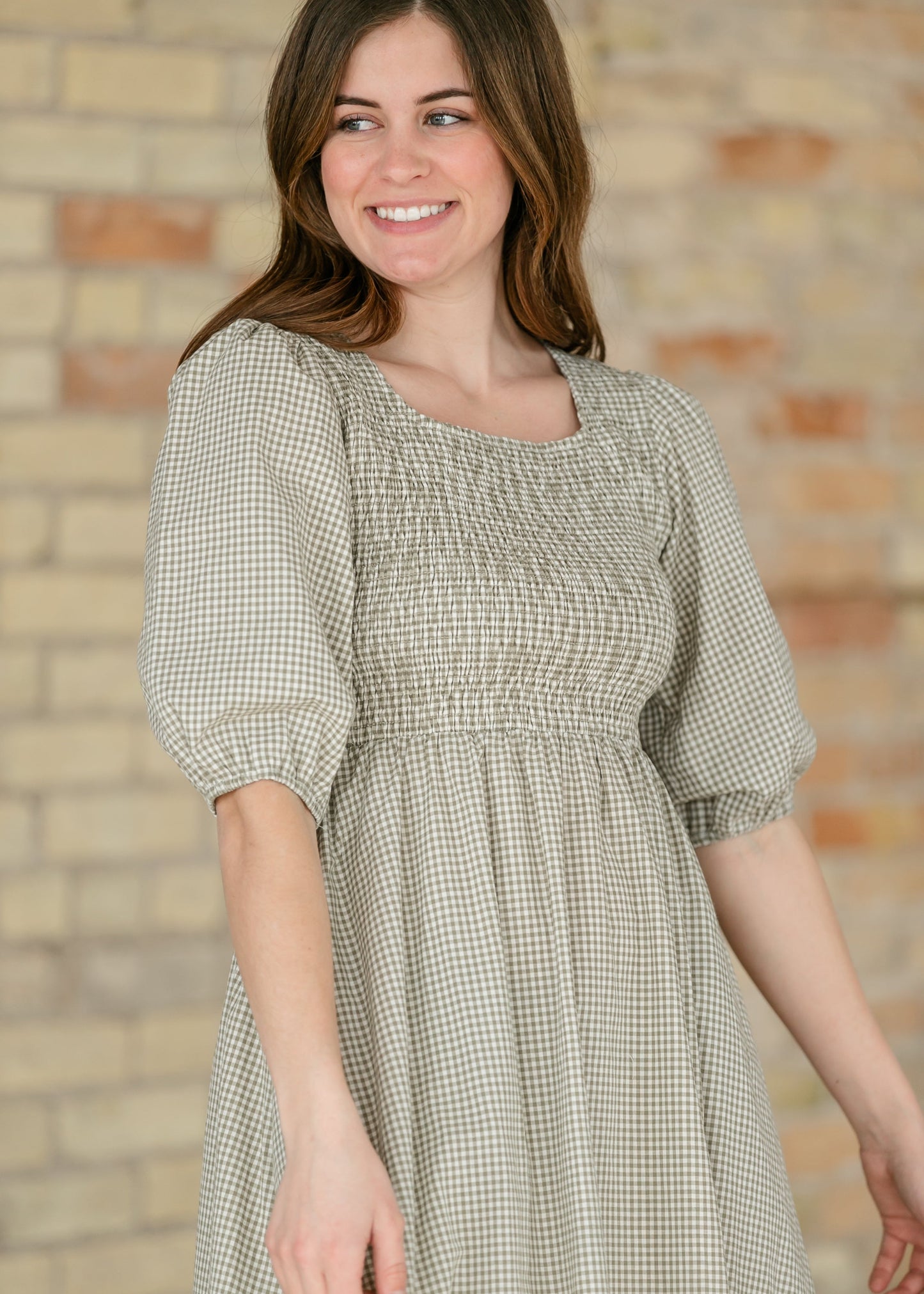 Kayleen Olive Gingham Smocked Bodice Maxi Dress IC Dresses