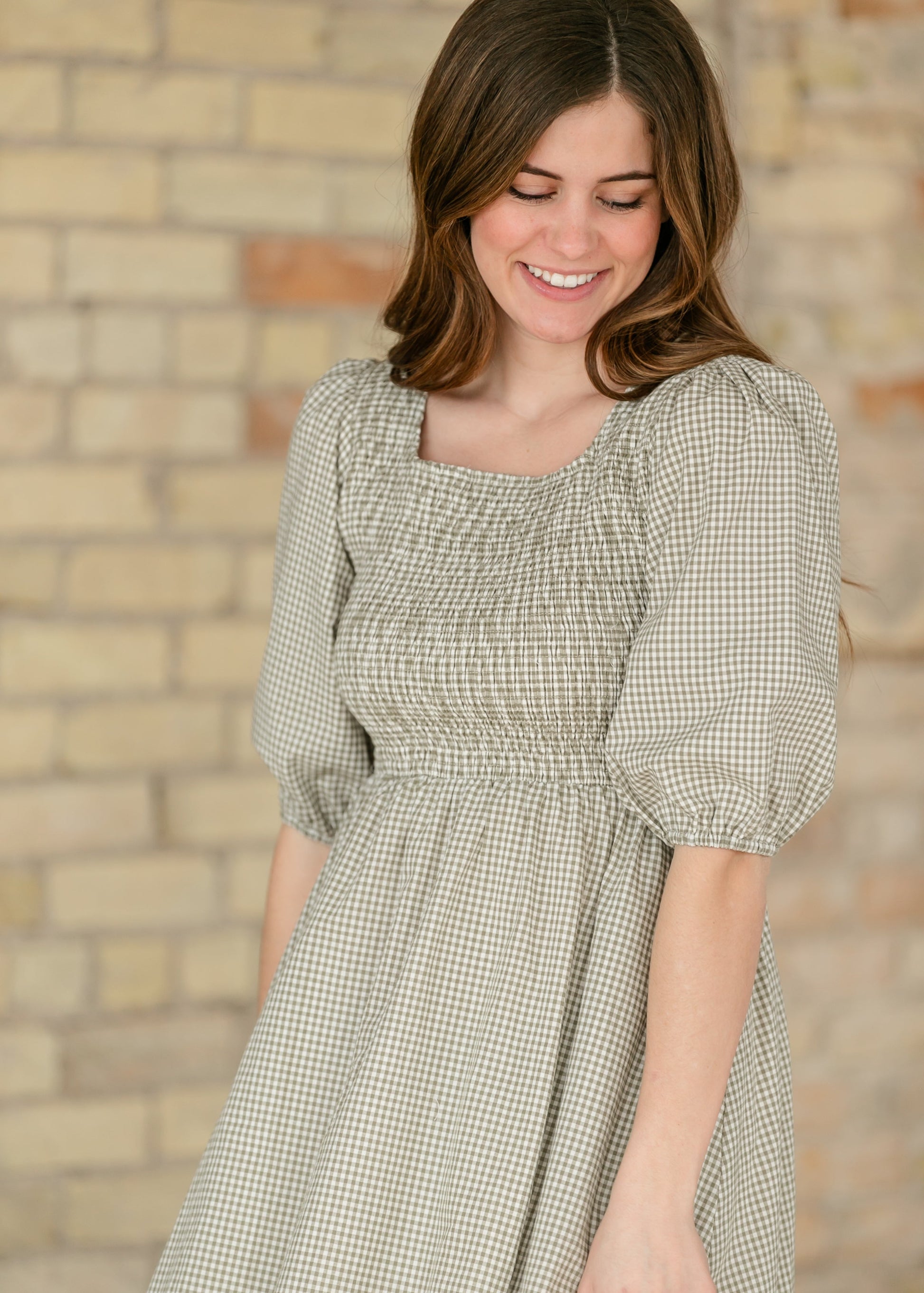 Kayleen Olive Gingham Smocked Bodice Maxi Dress IC Dresses
