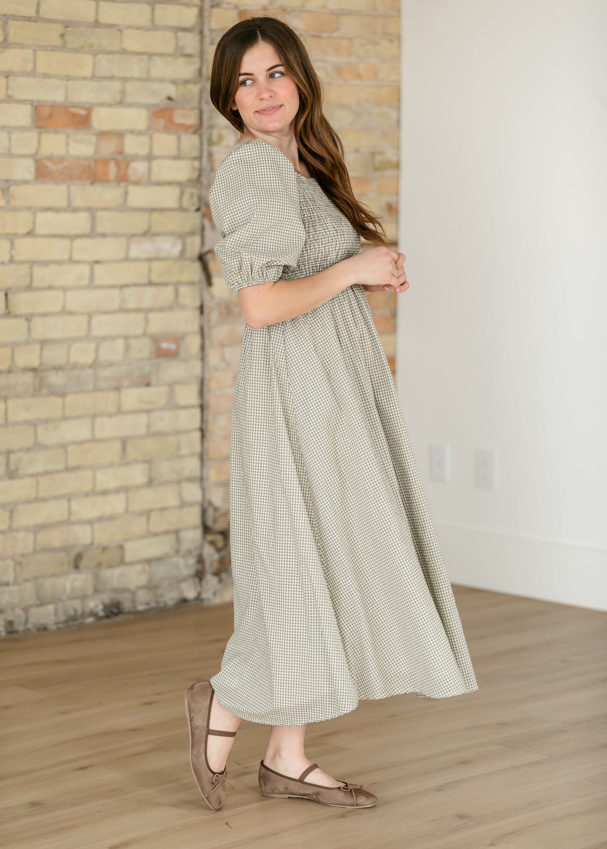 Kayleen Olive Gingham Smocked Bodice Maxi Dress IC Dresses