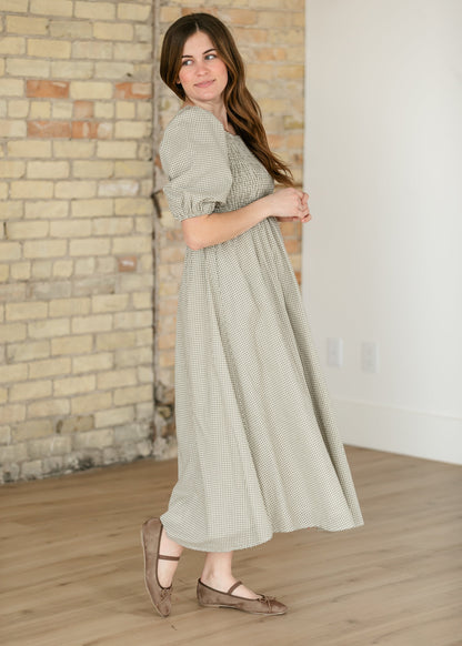 Kayleen Olive Gingham Smocked Bodice Maxi Dress IC Dresses