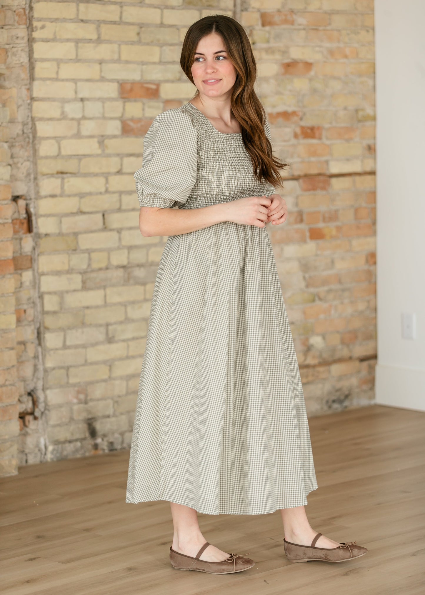Kayleen Olive Gingham Smocked Bodice Maxi Dress IC Dresses