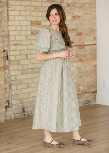 Kayleen Olive Gingham Smocked Bodice Maxi Dress IC Dresses