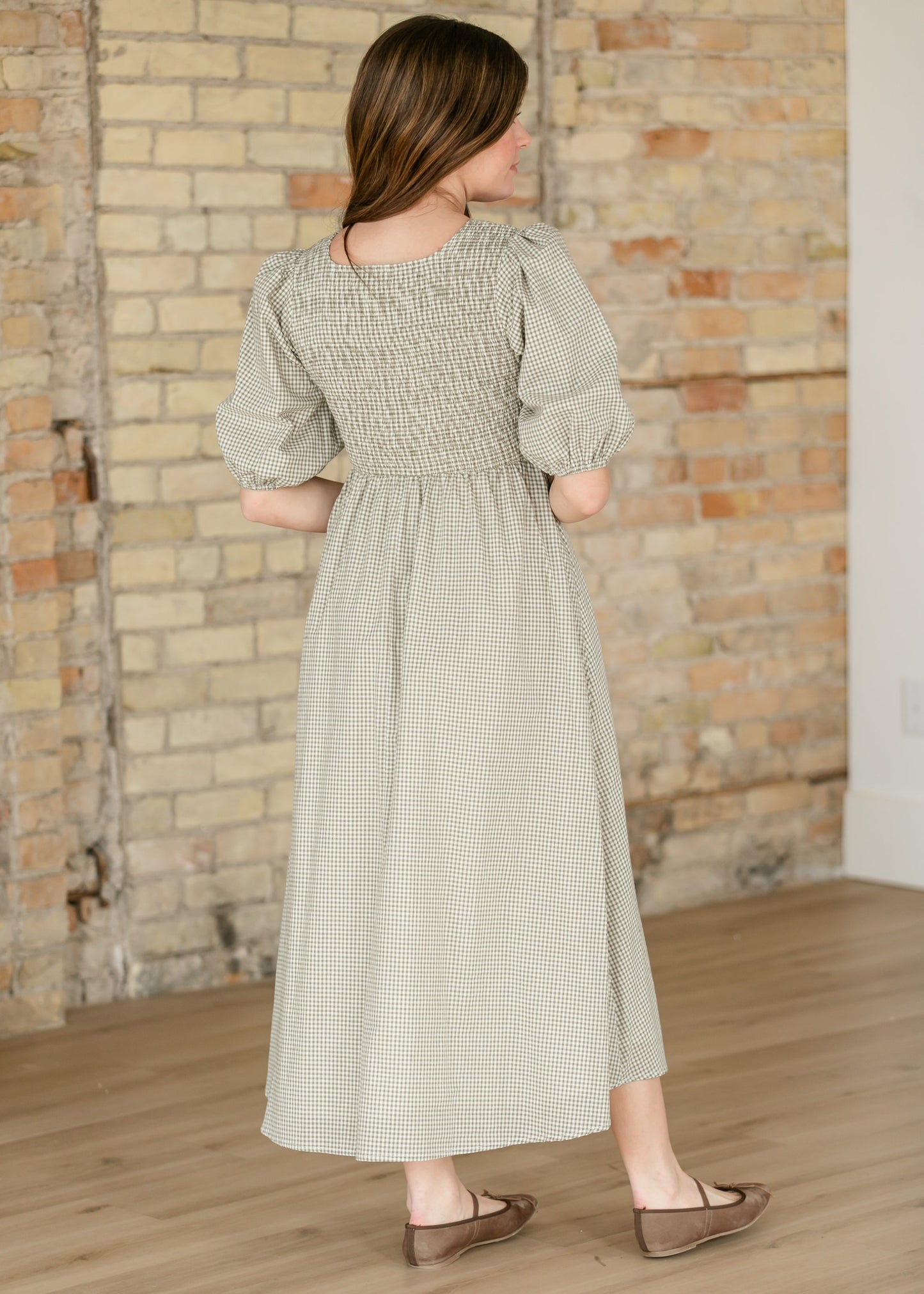 Kayleen Olive Gingham Smocked Bodice Maxi Dress IC Dresses