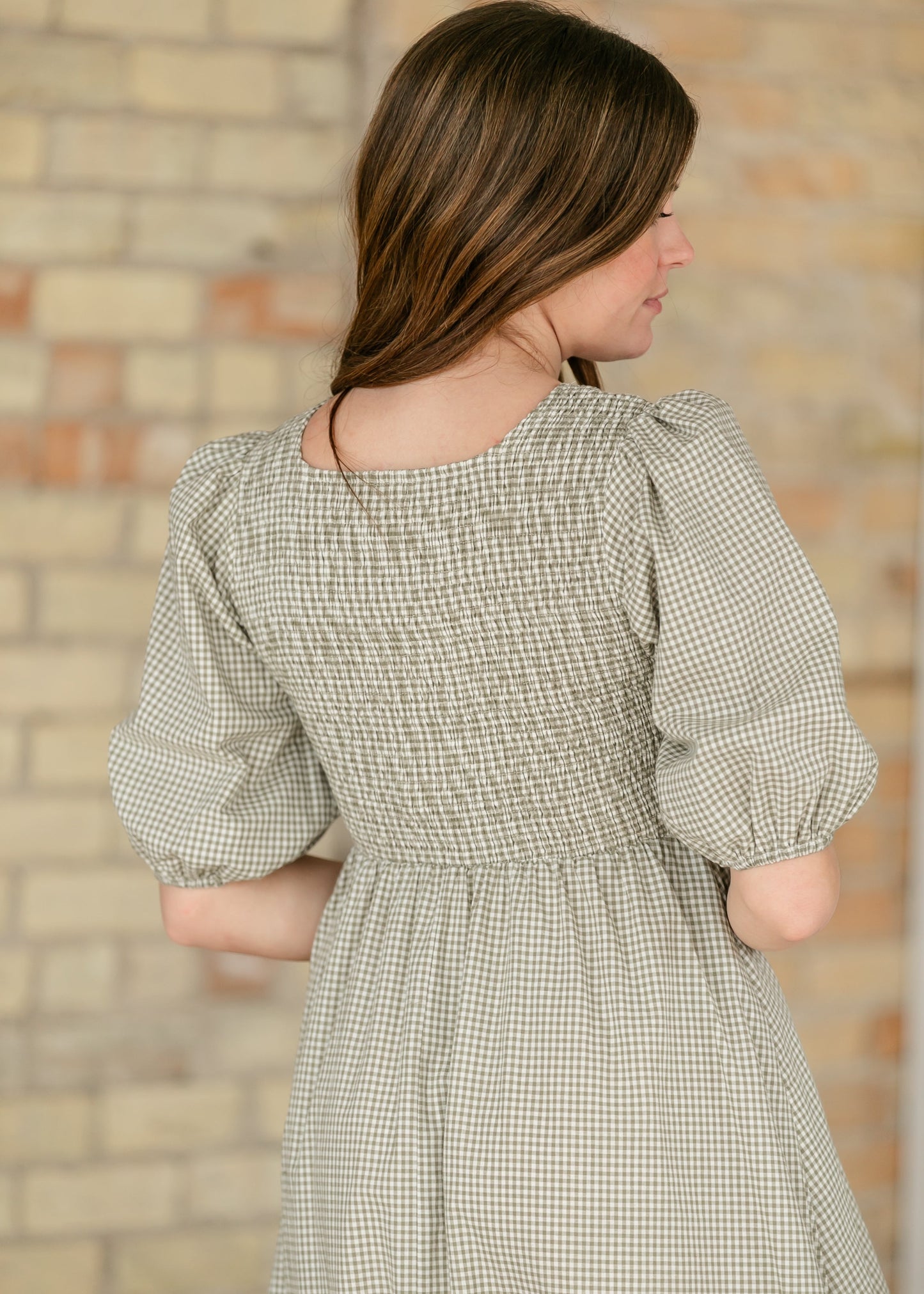 Kayleen Olive Gingham Smocked Bodice Maxi Dress IC Dresses