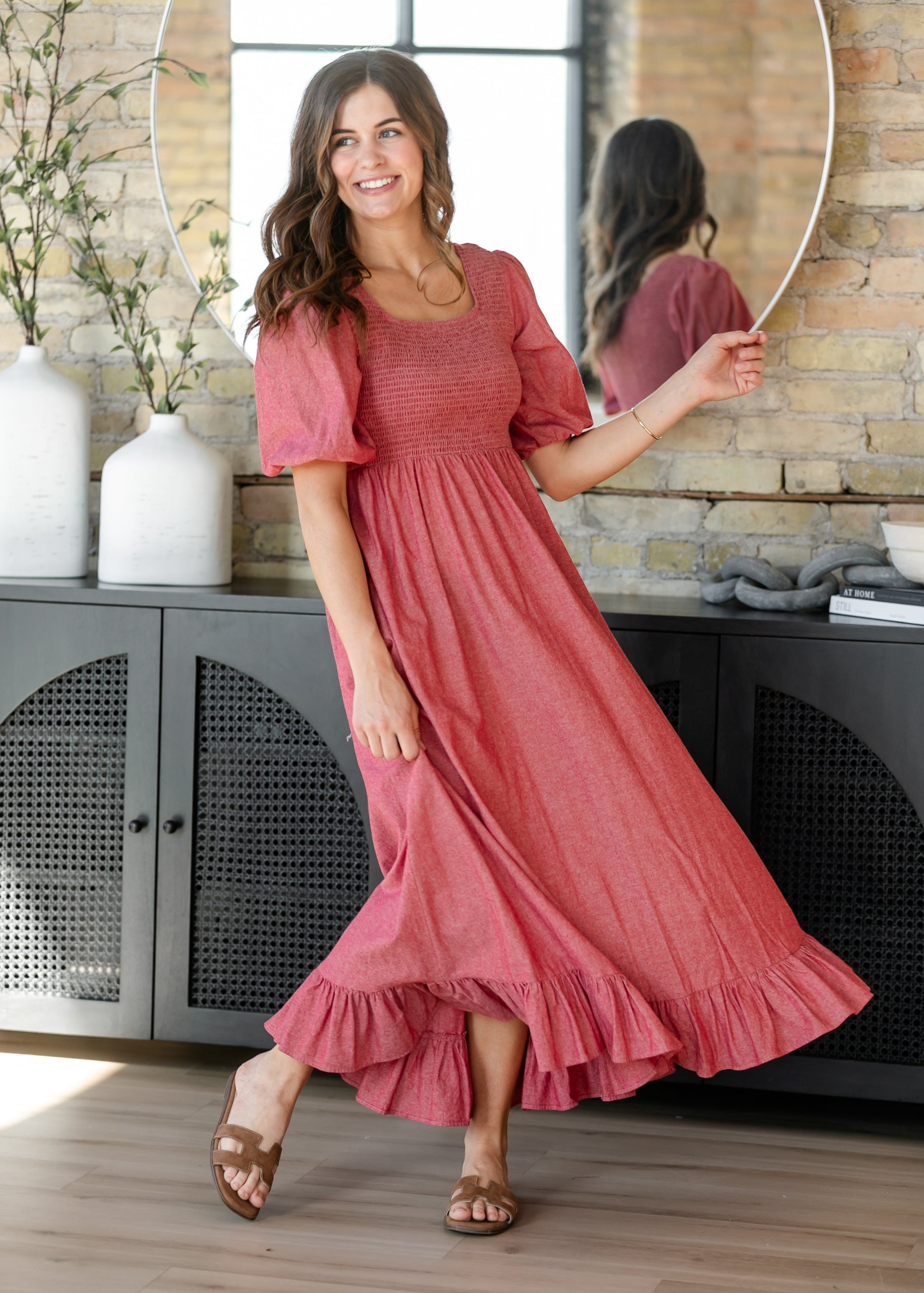 smocked bodice maxi dress Kayleen Red Smocked Bodice Maxi Dress, Medium