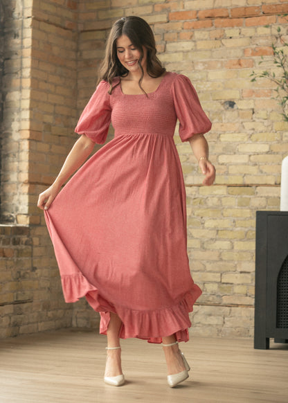 Kayleen Red Smocked Bodice Maxi Dress IC Dresses