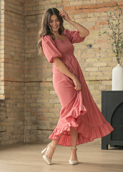 Kayleen Red Smocked Bodice Maxi Dress IC Dresses