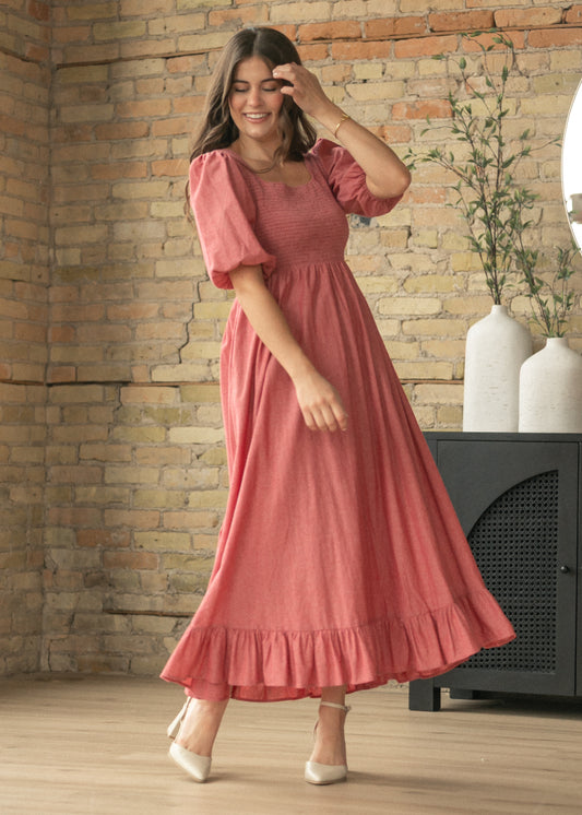 Kayleen Red Smocked Bodice Maxi Dress IC Dresses
