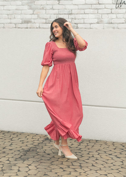 Kayleen Red Smocked Bodice Maxi Dress IC Dresses