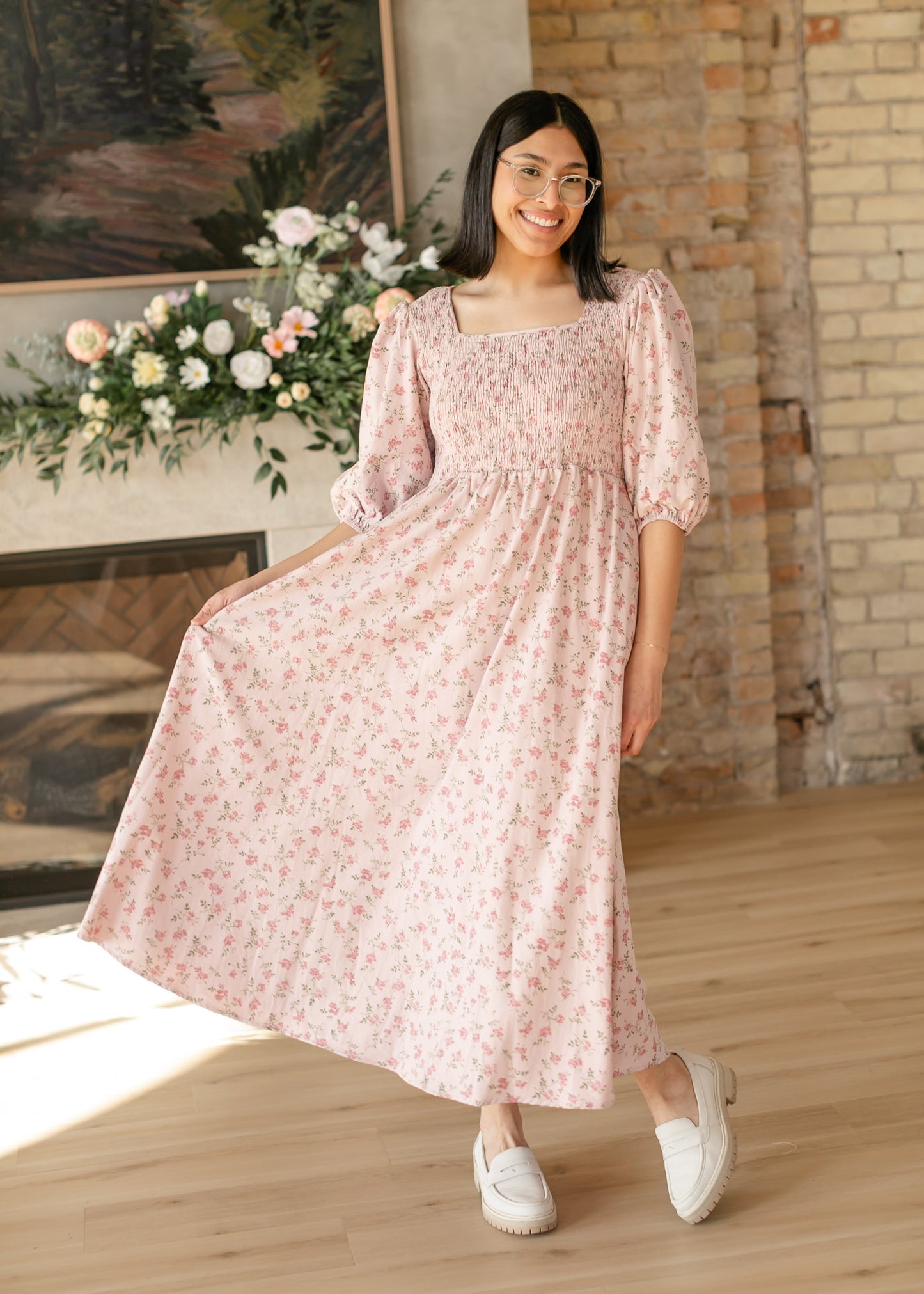 Kayleen Smocked Bodice Floral Maxi Dress IC Dresses Pink / XS