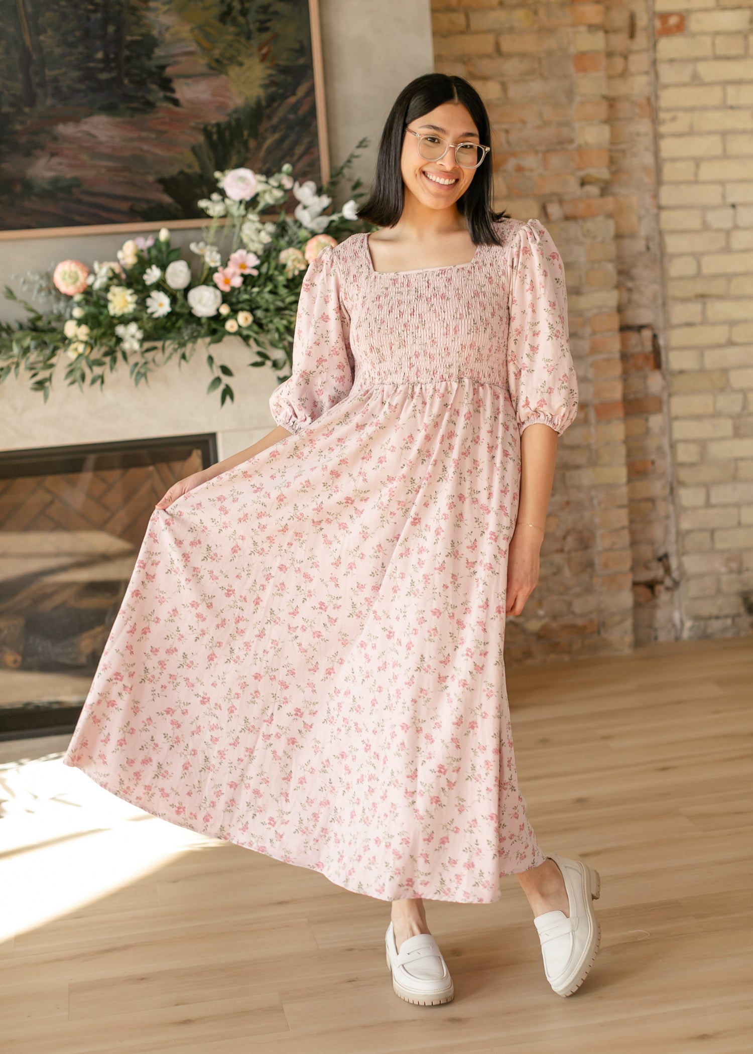 Kayleen Smocked Bodice Floral Maxi Dress IC Dresses Pink / XS