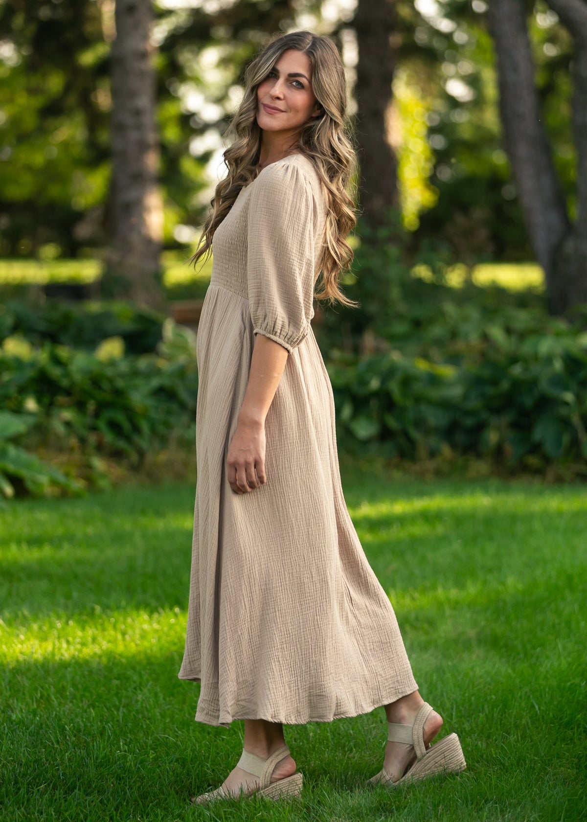 bohemian gauze dresses Kayleen Tan Smocked Bodice Dress cf-size-6 Modest Sheath White Straps Size:S | Carmine Red 12 x 27.5 10Y