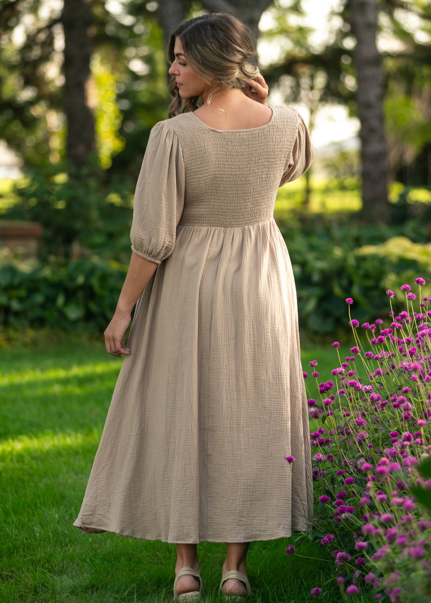 Kayleen Tan Smocked Bodice Gauze Dress, Large Kayleen Tan Smocked Bodice Gauze Dress, Large