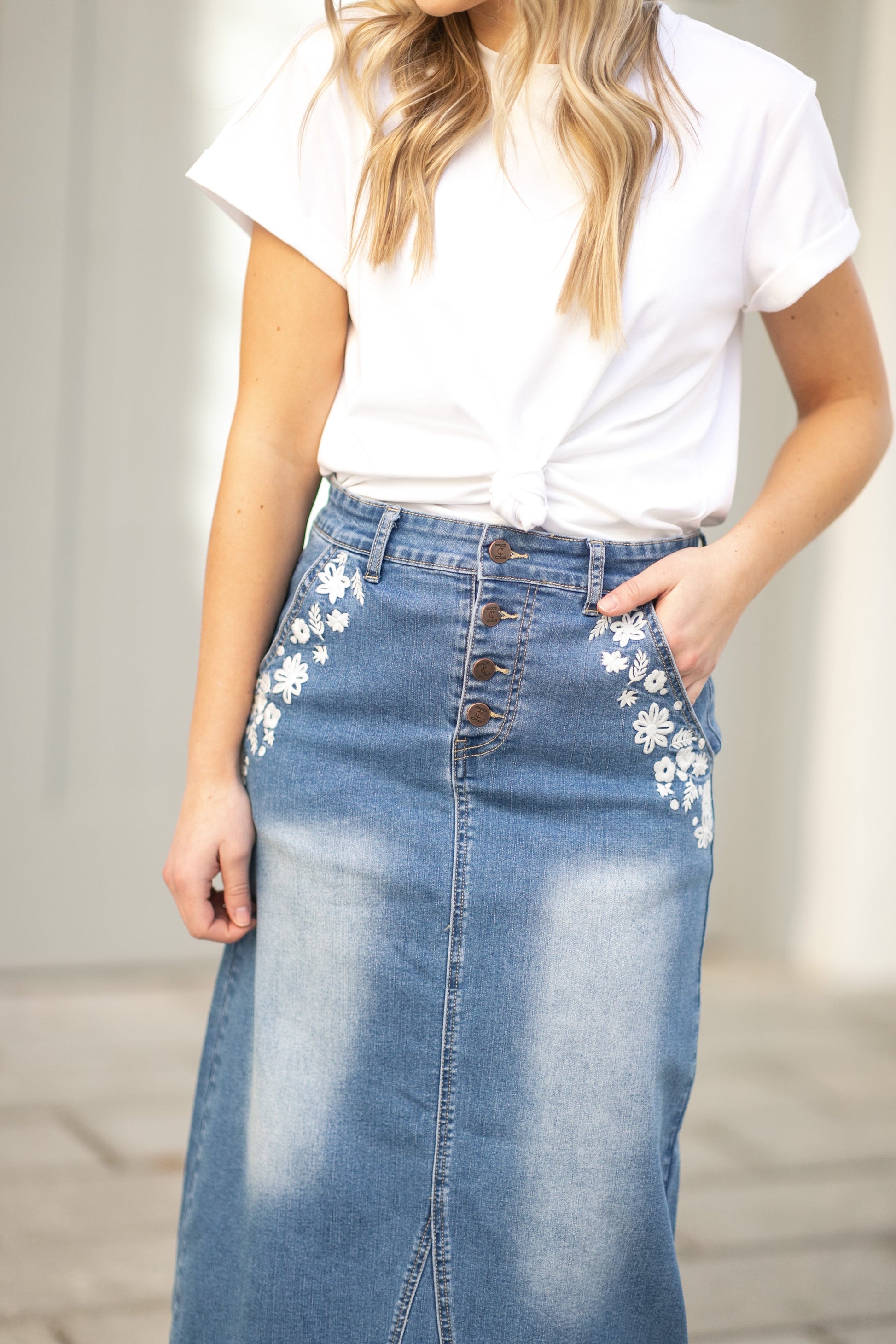Kayli Long Denim Embroidered Maxi Skirt IC Skirts