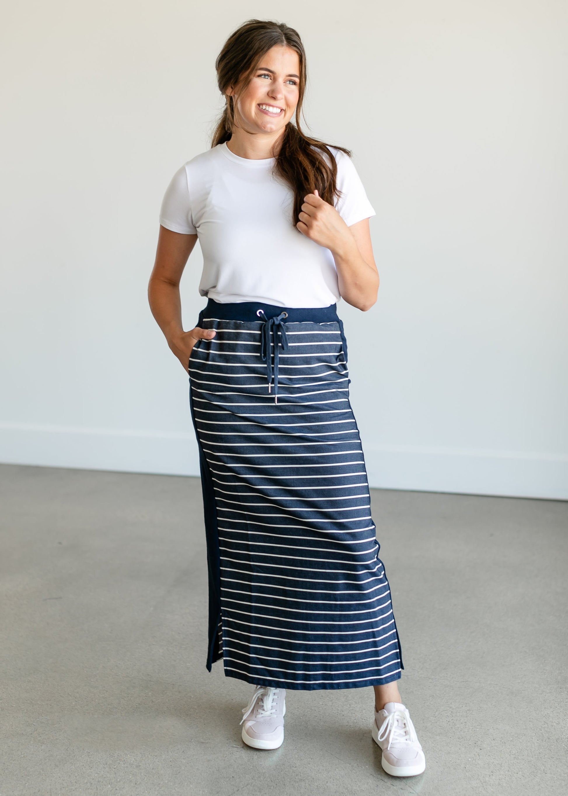 Kelly Navy Stripe Drawstring Skirt IC Skirts Maxi / XS