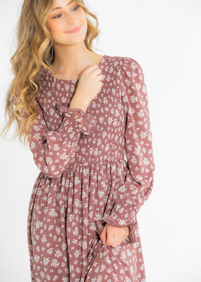 Kelsie Smocked Bodice Long Sleeve Midi Dress IC Dresses