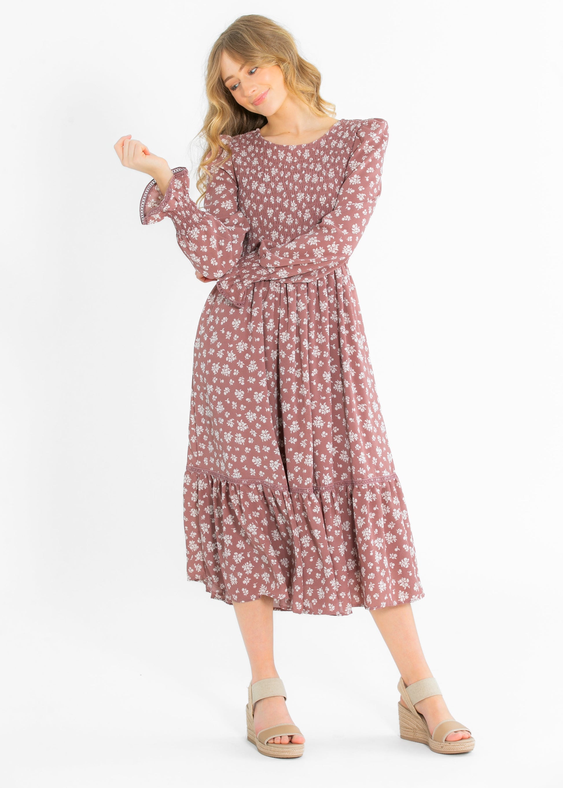 Kelsie Smocked Bodice Long Sleeve Midi Dress IC Dresses