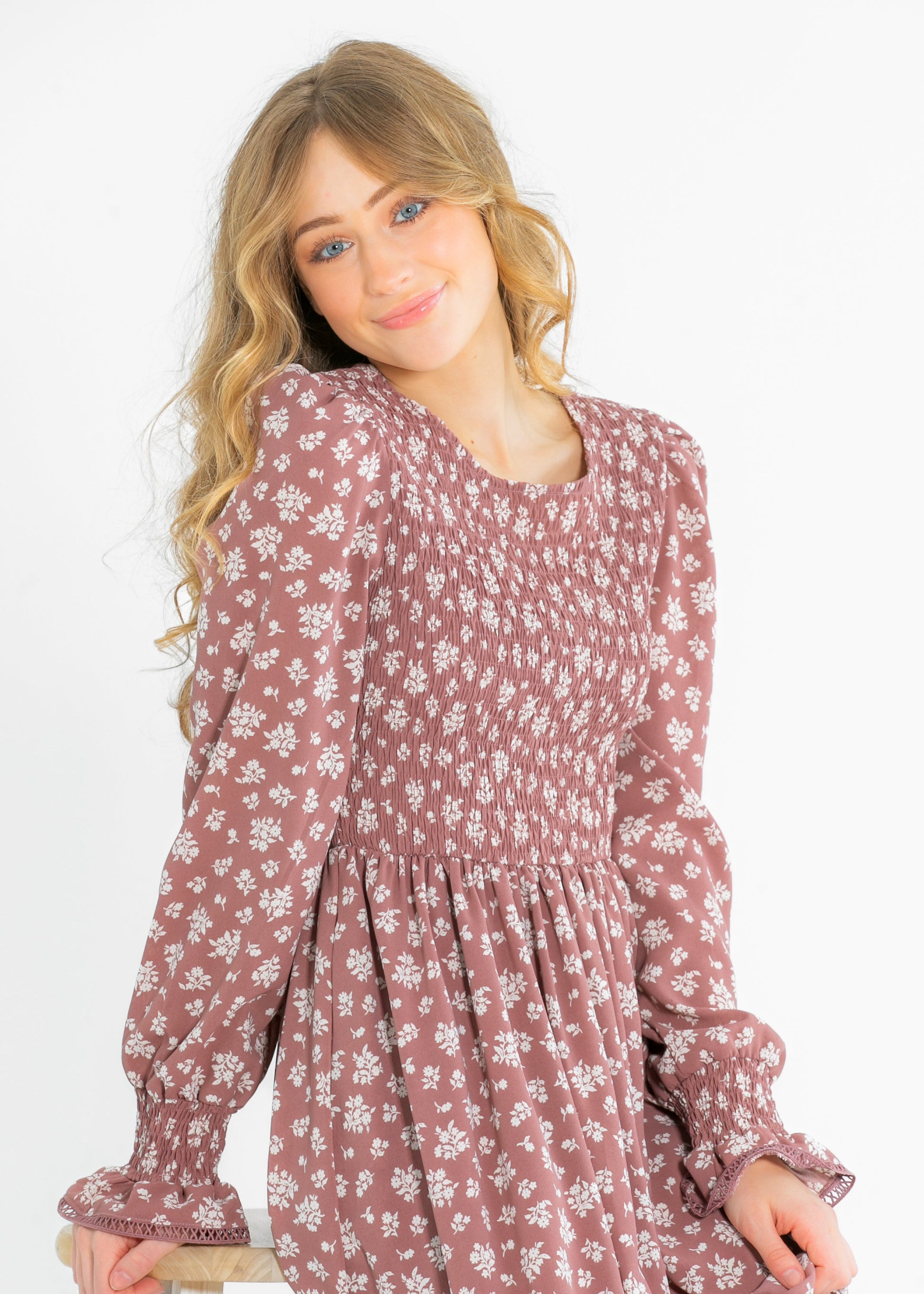 Kelsie Smocked Bodice Long Sleeve Midi Dress IC Dresses