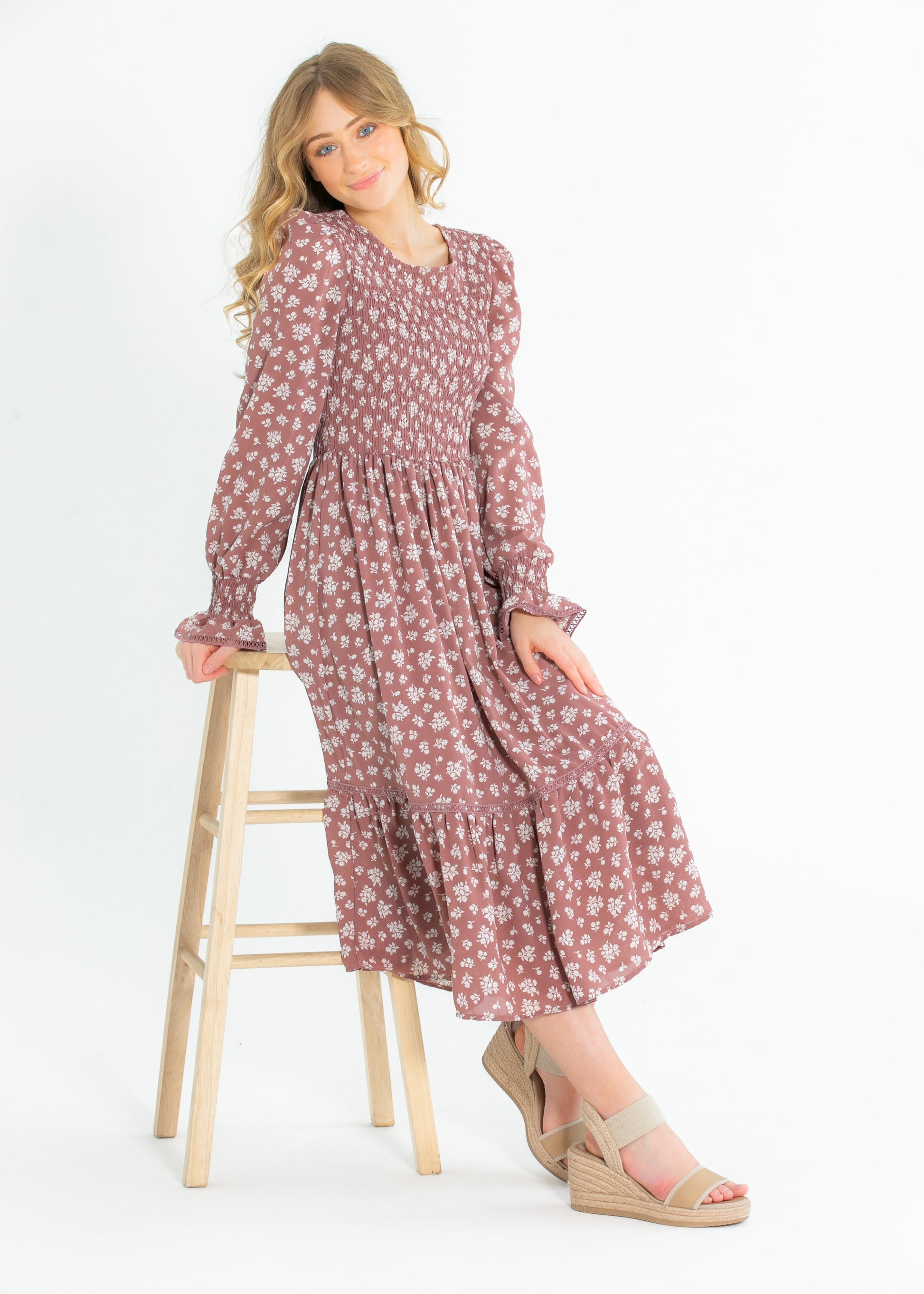 Kelsie Smocked Bodice Long Sleeve Midi Dress IC Dresses