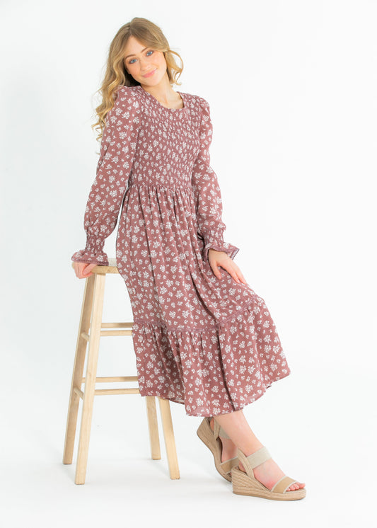 Kelsie Smocked Bodice Long Sleeve Midi Dress IC Dresses