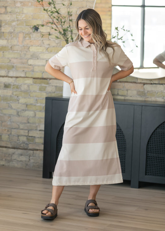 Khaki Contrast Collar Striped Maxi Dress FF Dresses