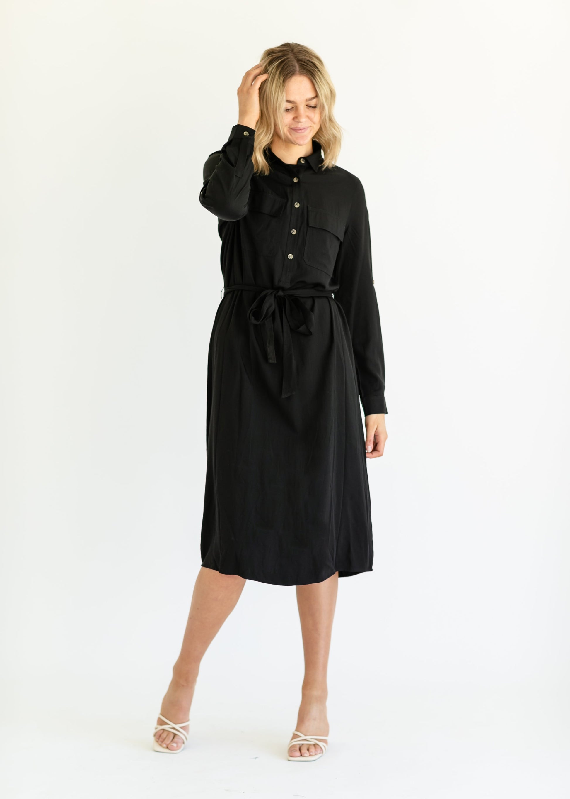 Kimberly Belted Midi Shirt Dress IC Dresses Black / XS