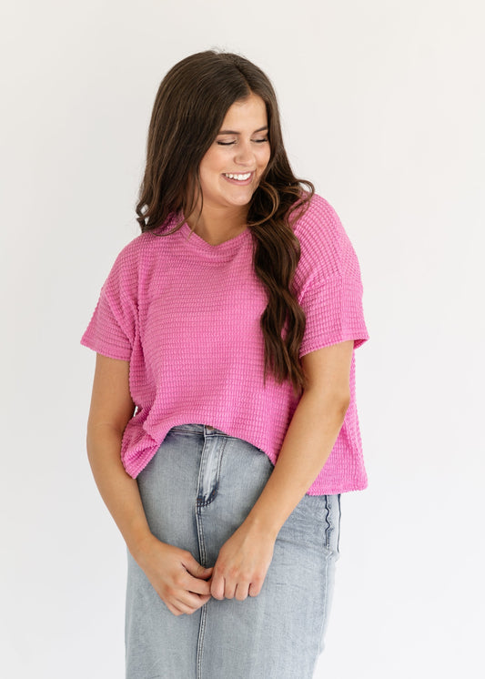 Knit Drop Shoulder Short Sleeve Top FF Tops Pink / S