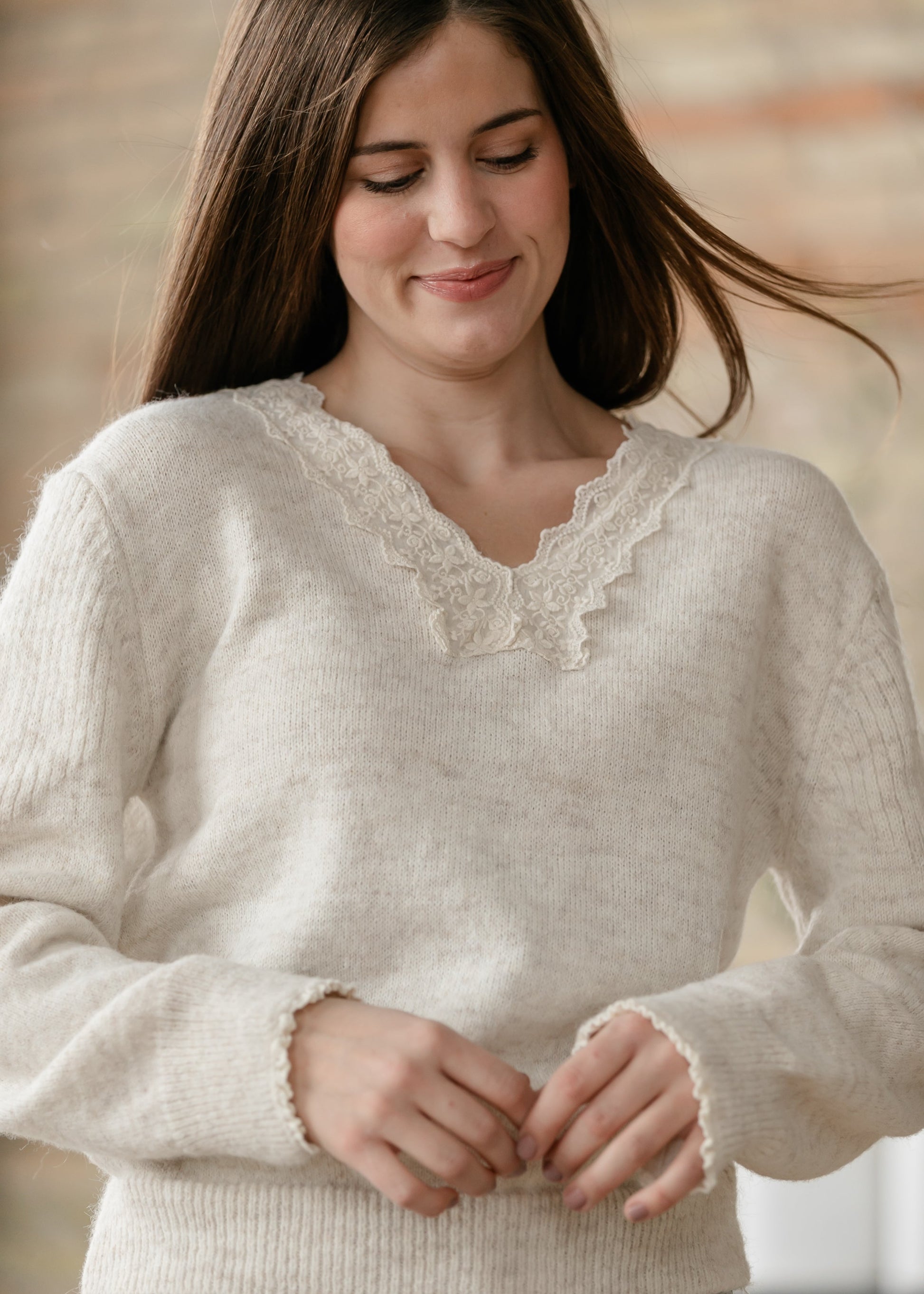 Knit Heathered Lace Trim Sweater FF Tops
