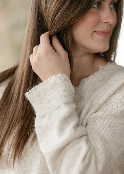 Knit Heathered Lace Trim Sweater FF Tops