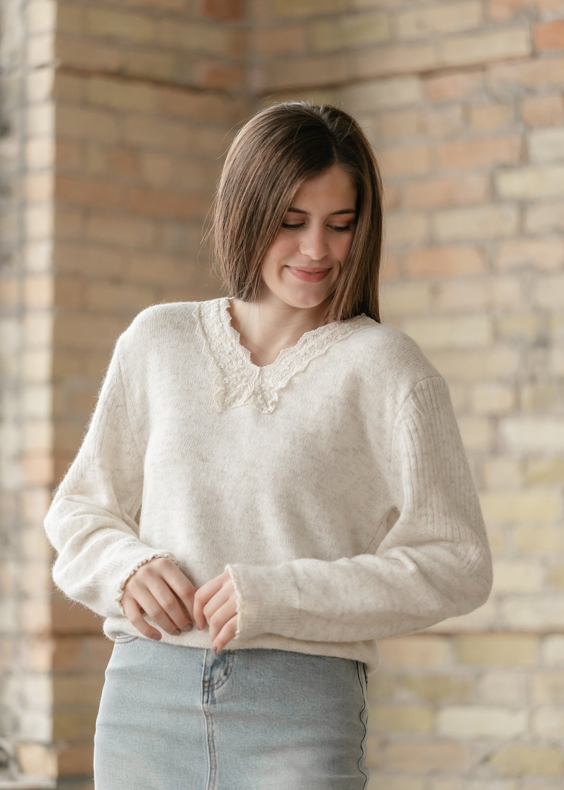 Knit Heathered Lace Trim Sweater FF Tops