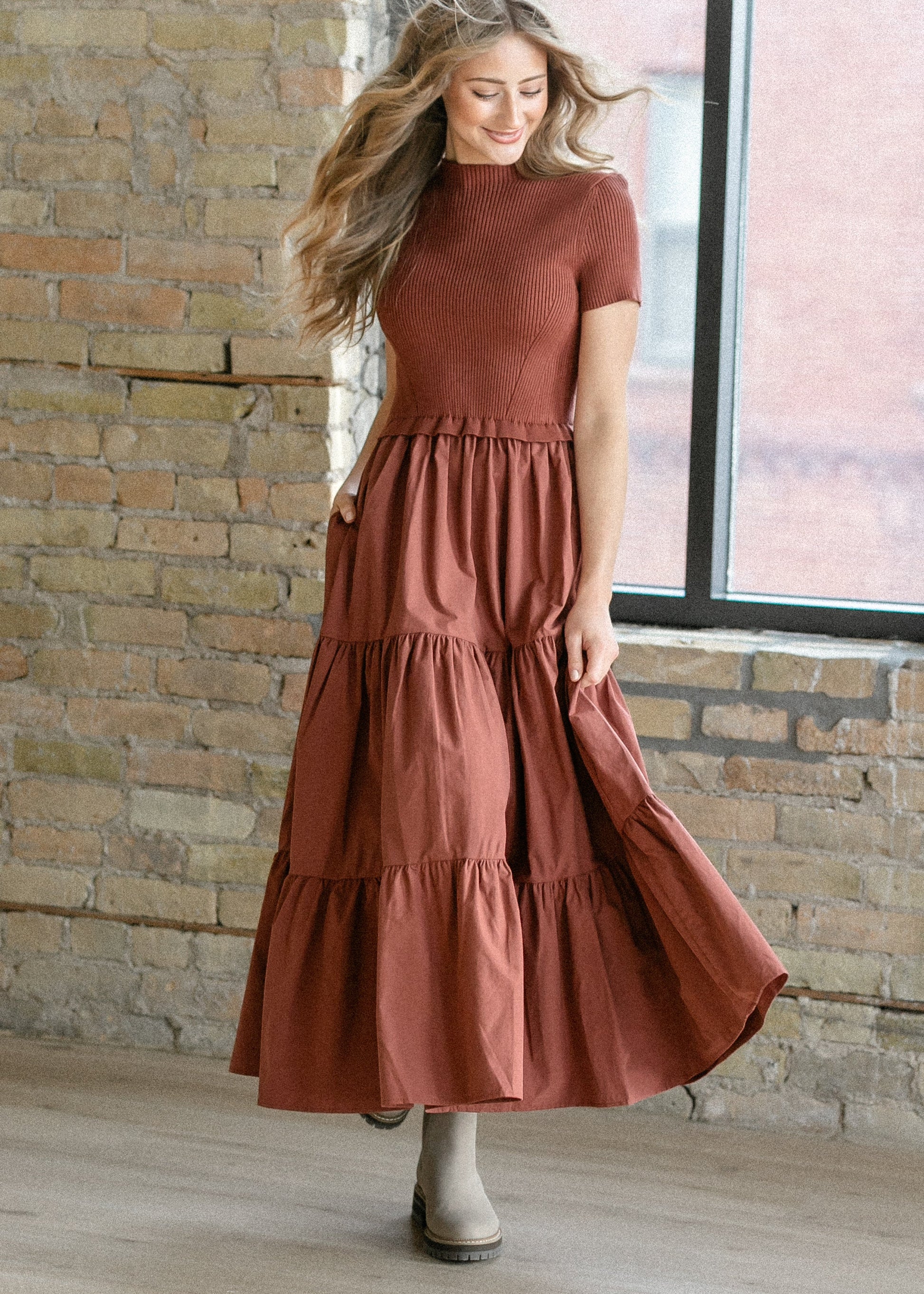 Knit Mix Mock Neck Maxi Dress FF Dresses