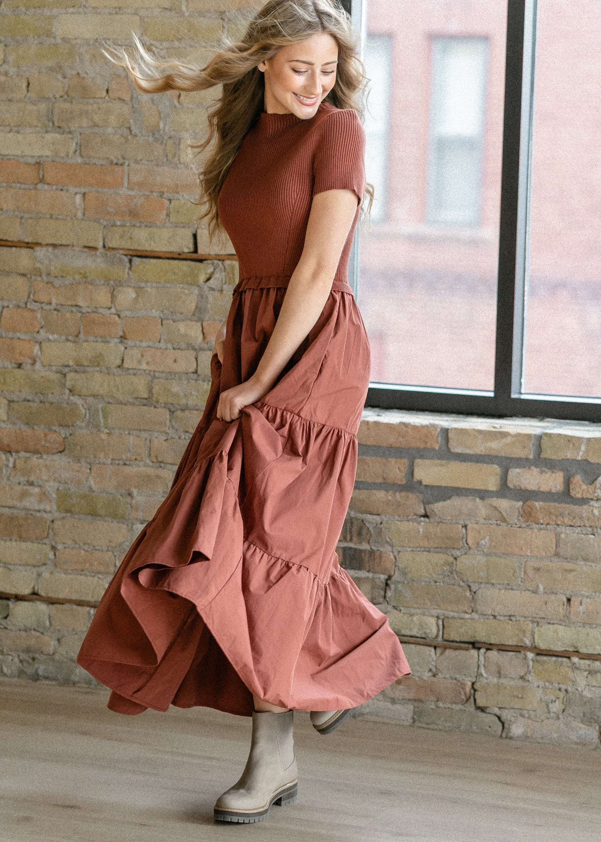 knit mix dress Knit Mix Mock Neck Maxi Dress S