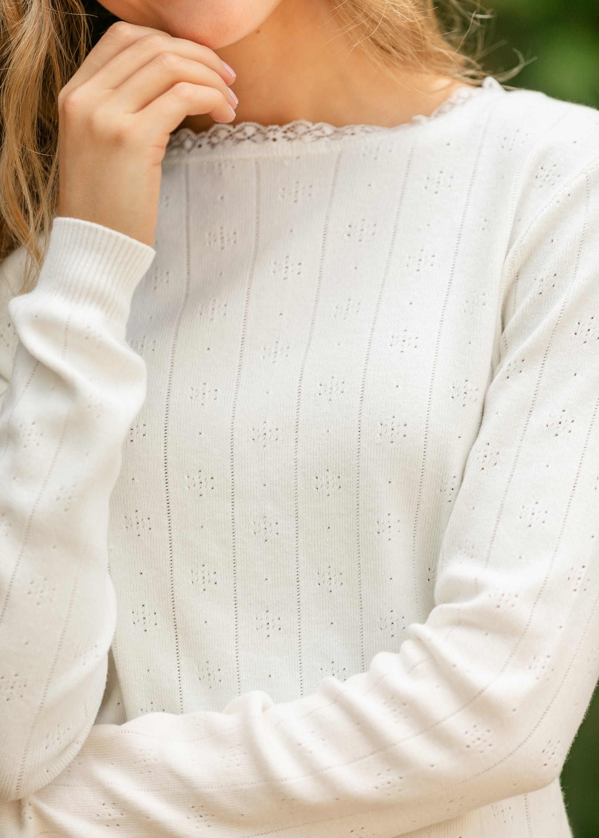Knit Pointelle Pullover Top FF Tops