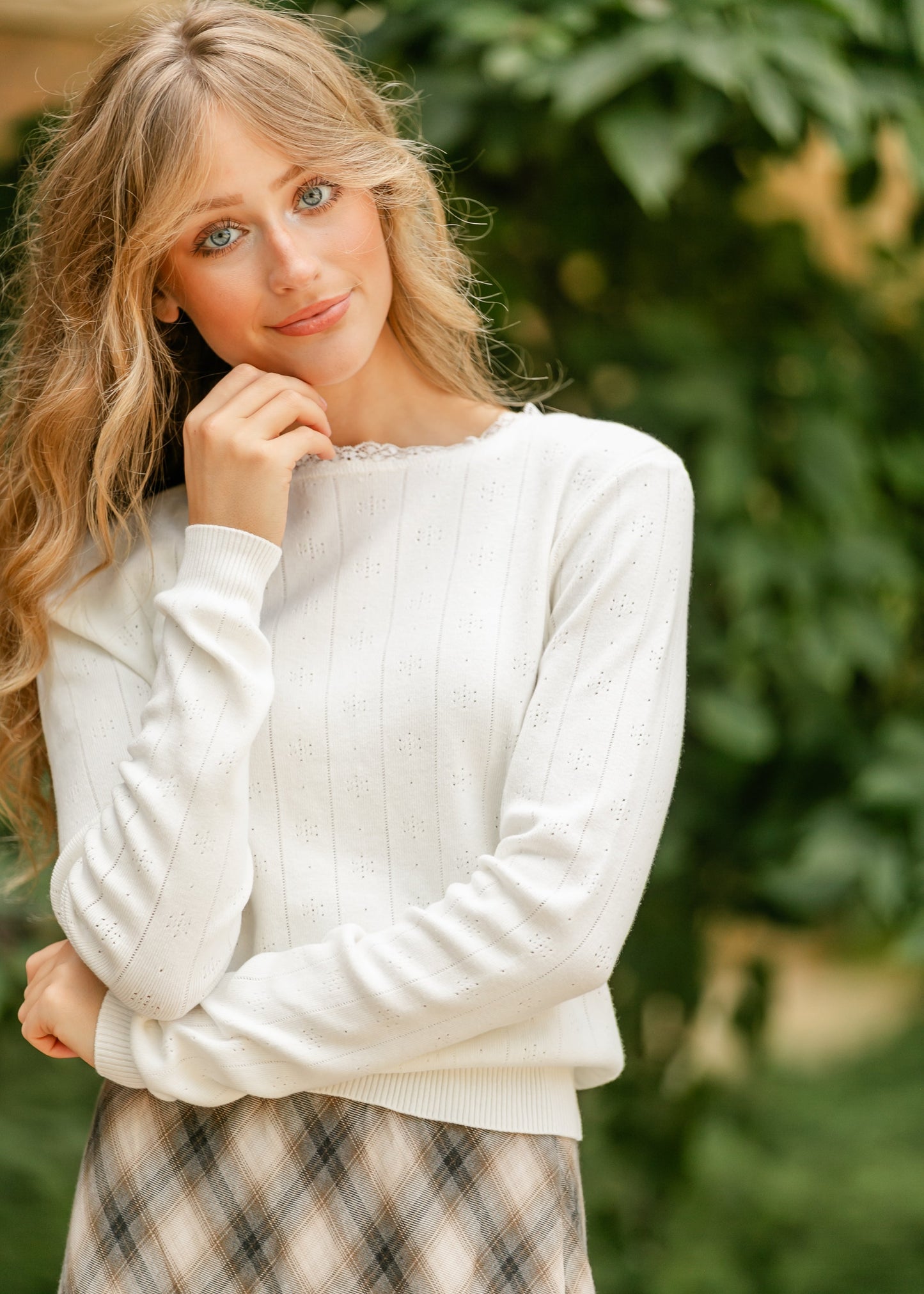 Knit Pointelle Pullover Top FF Tops