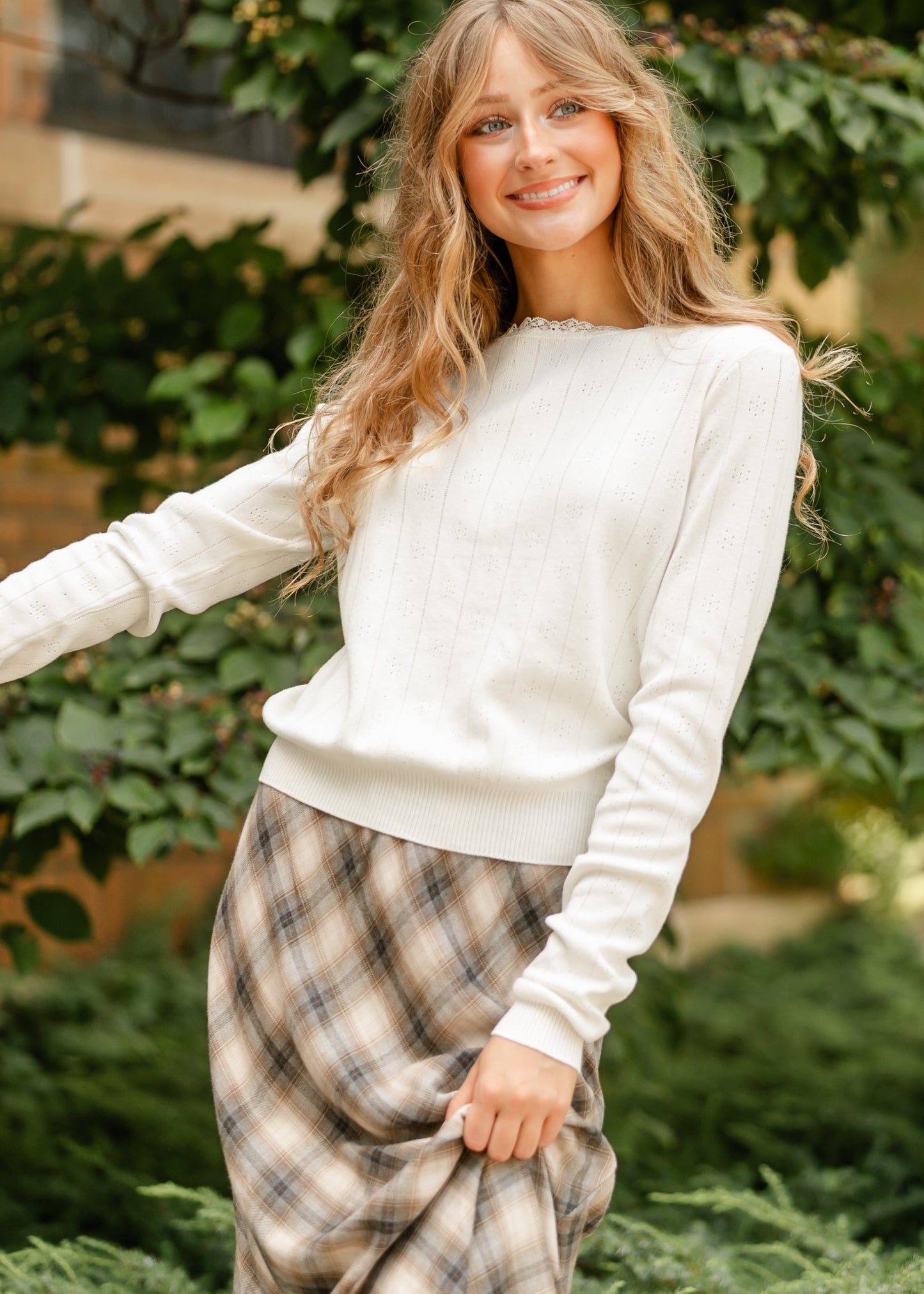 Knit Pointelle Pullover Top FF Tops