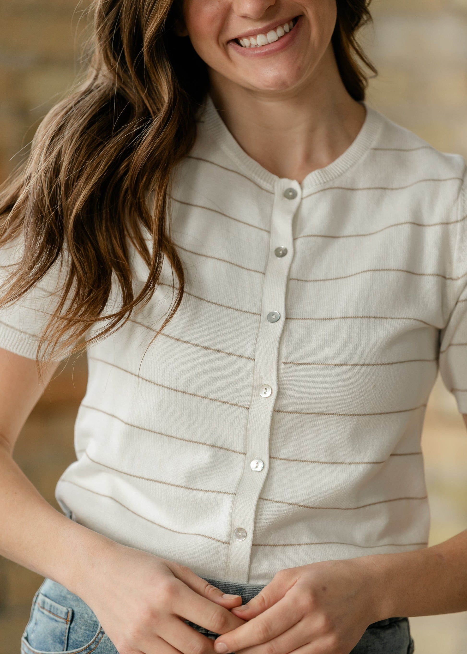 Knit Short Sleeve Button Up Top FF Tops