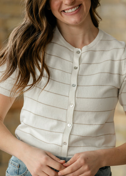 Knit Short Sleeve Button Up Top FF Tops