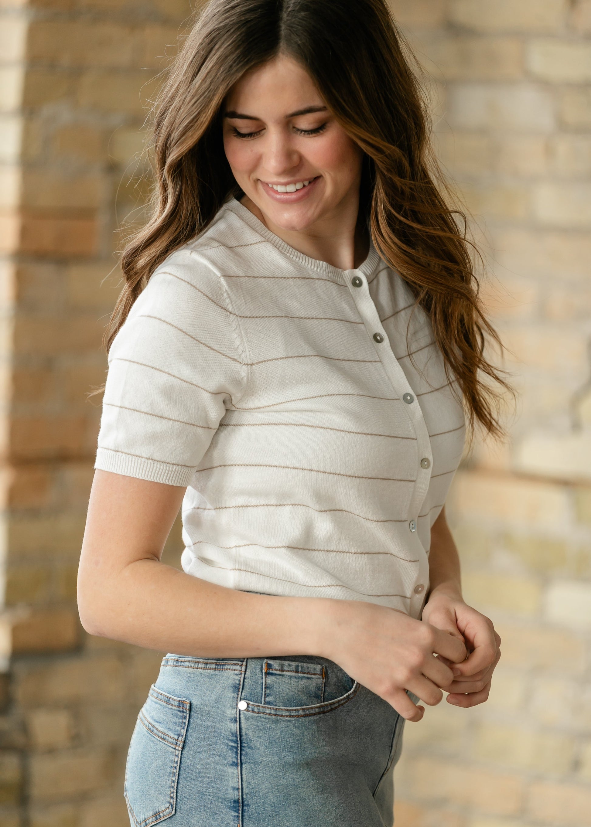 Knit Short Sleeve Button Up Top FF Tops