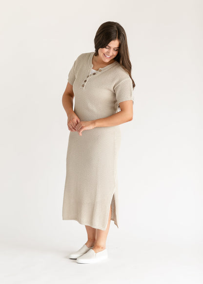 Knit Short Sleeve Half Button Maxi Dress FF Dresses