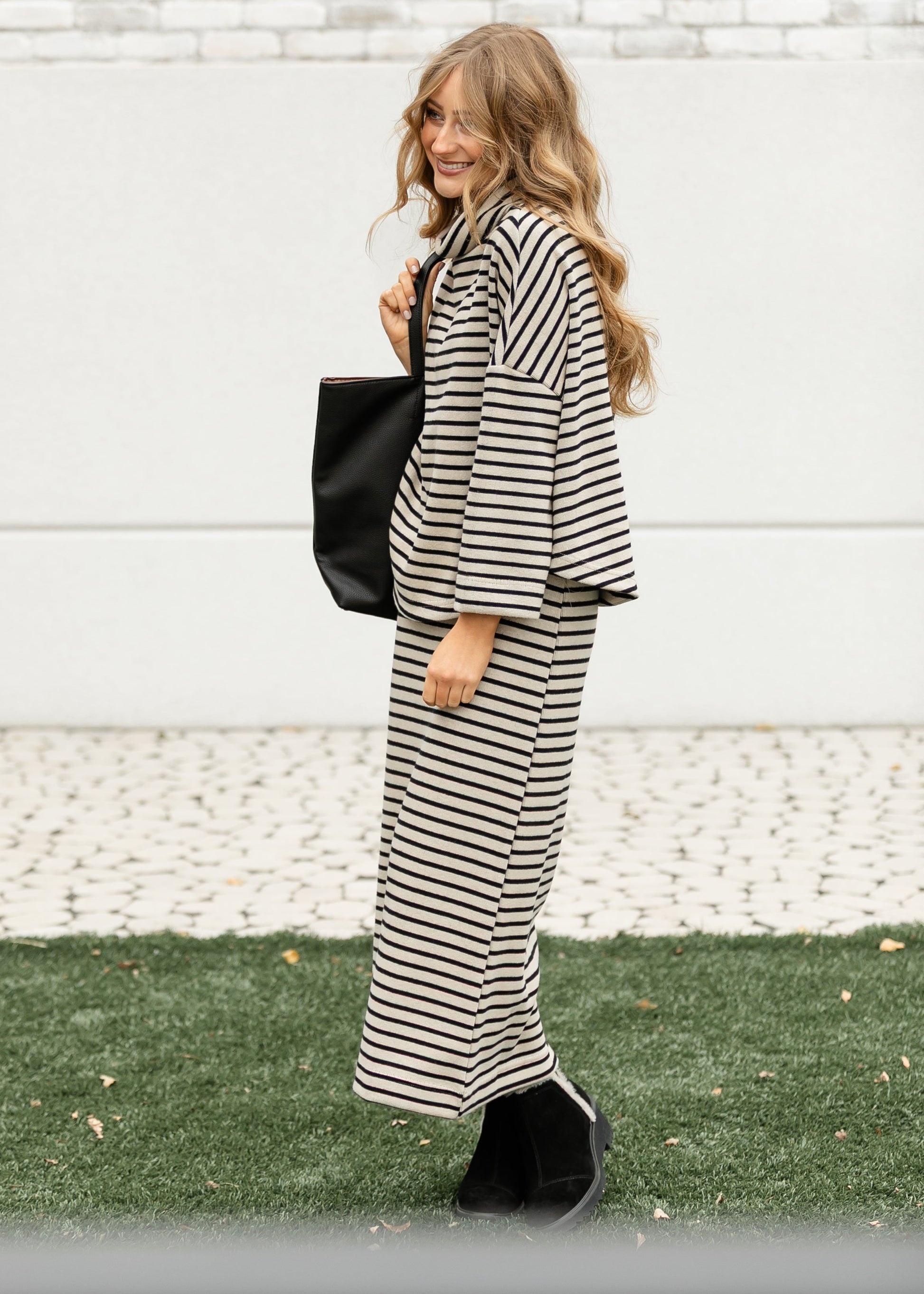 Knit Striped Long Sleeve Turtleneck Top FF Tops