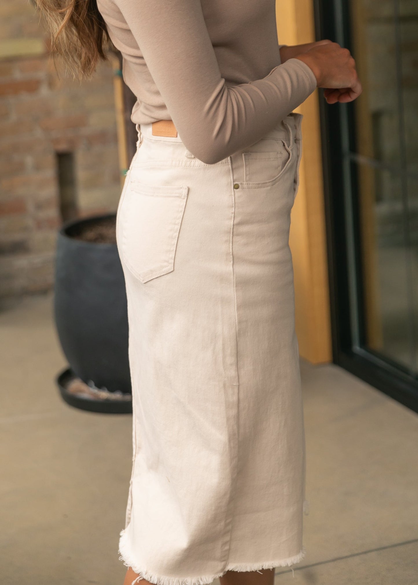 Kobe Raw Hem Denim Midi Skirt IC Skirts