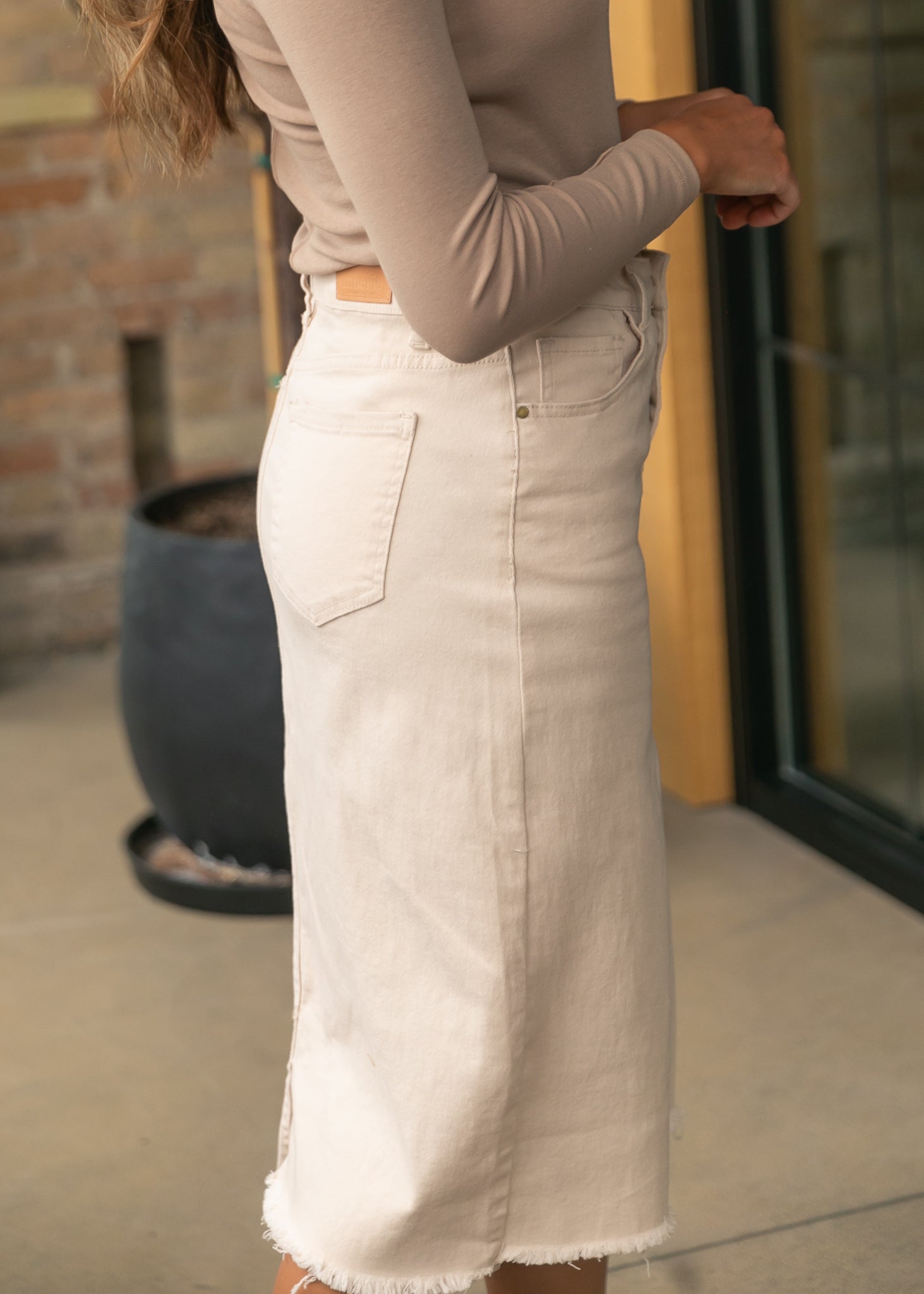 Kobe Raw Hem Denim Midi Skirt IC Skirts