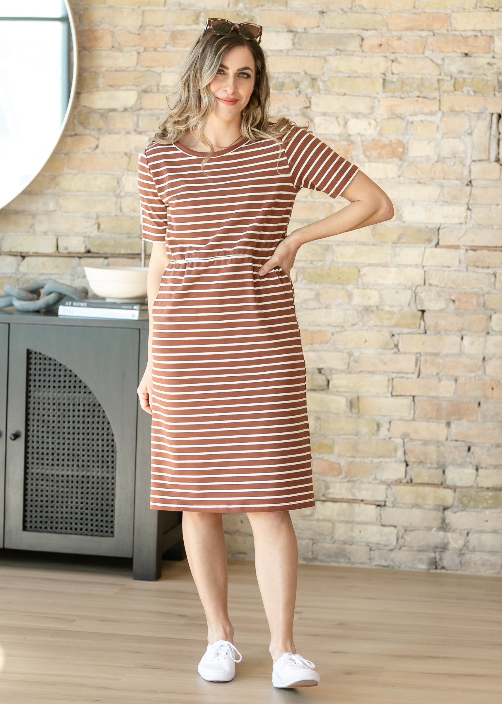 brown striped midi dress Kristen Stripe Short Sleeve Dress, Medium peplum Founded in Australia in Kaemgyyd Boho Dresses for Set:2-Piece (Bed - Nightstand)