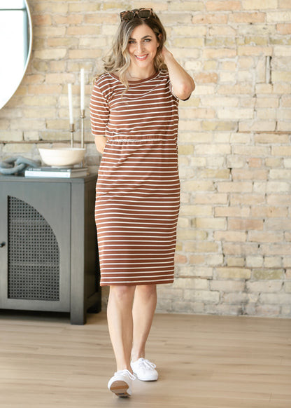 Kristen Brown Stripe Short Sleeve Midi Dress IC Dresses