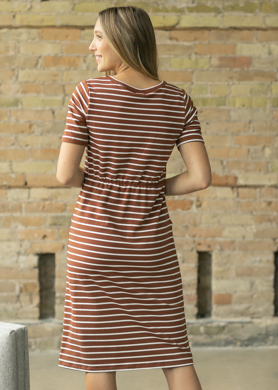 Kristen Brown Stripe Short Sleeve Midi Dress IC Dresses
