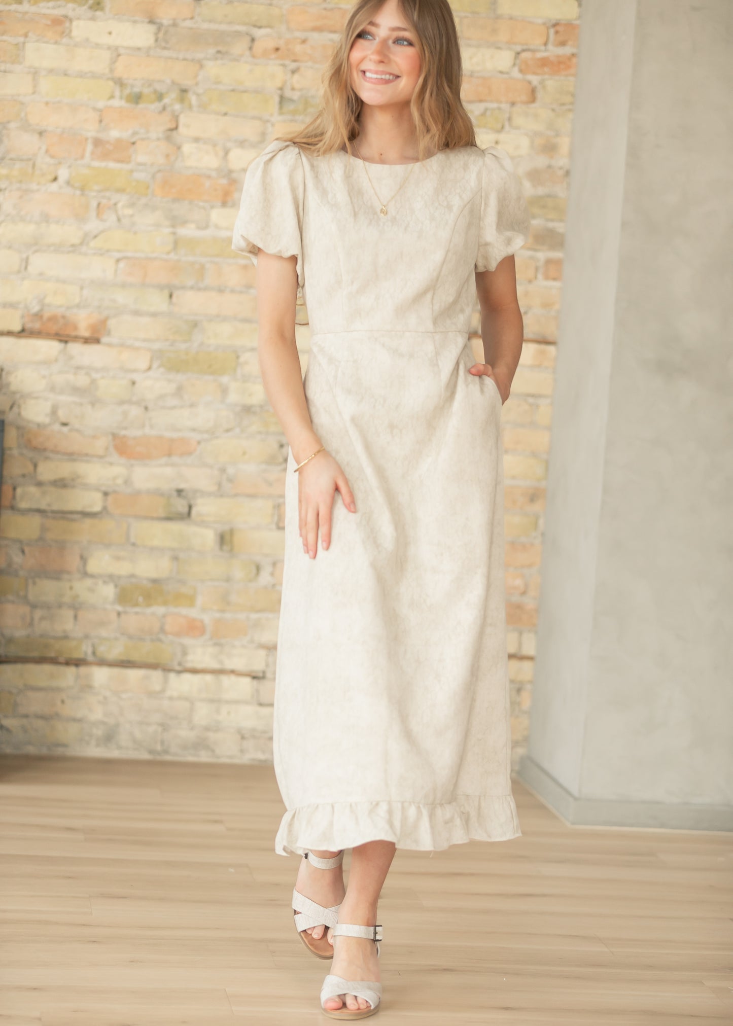 Lace Bubble Sleeve Tan Maxi Dress FF Dresses
