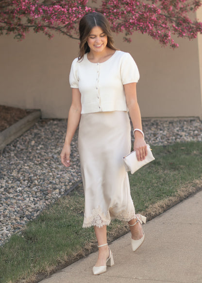 Lace Detail Satin Midi Skirt FF Skirts