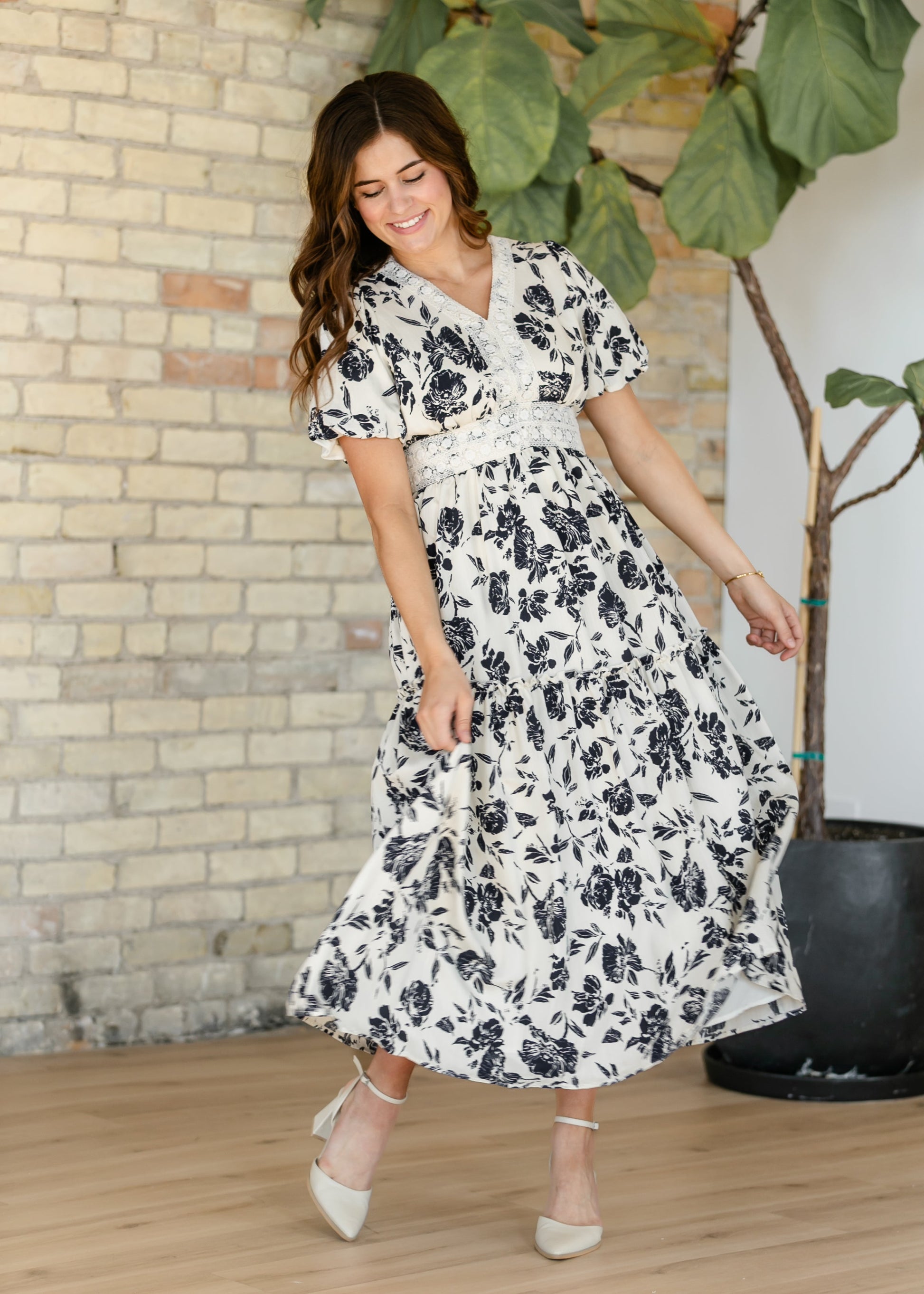 maxi dress with lace insert Lace Inset Flare Sleeve Maxi Dress - White
