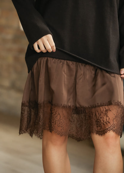Lace Satin Hem Sweater Midi Dress FF Dresses