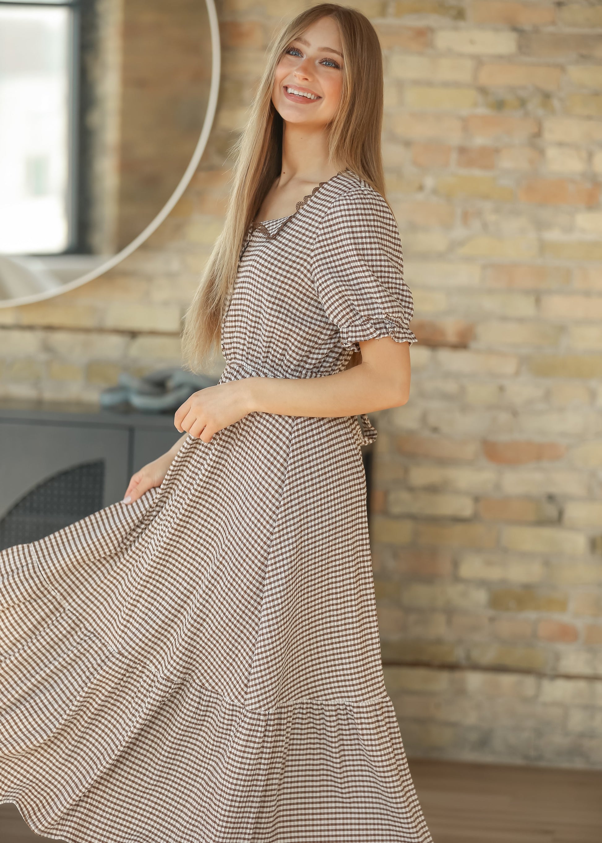 Lace Trim Checkered Maxi Dress FF Dresses